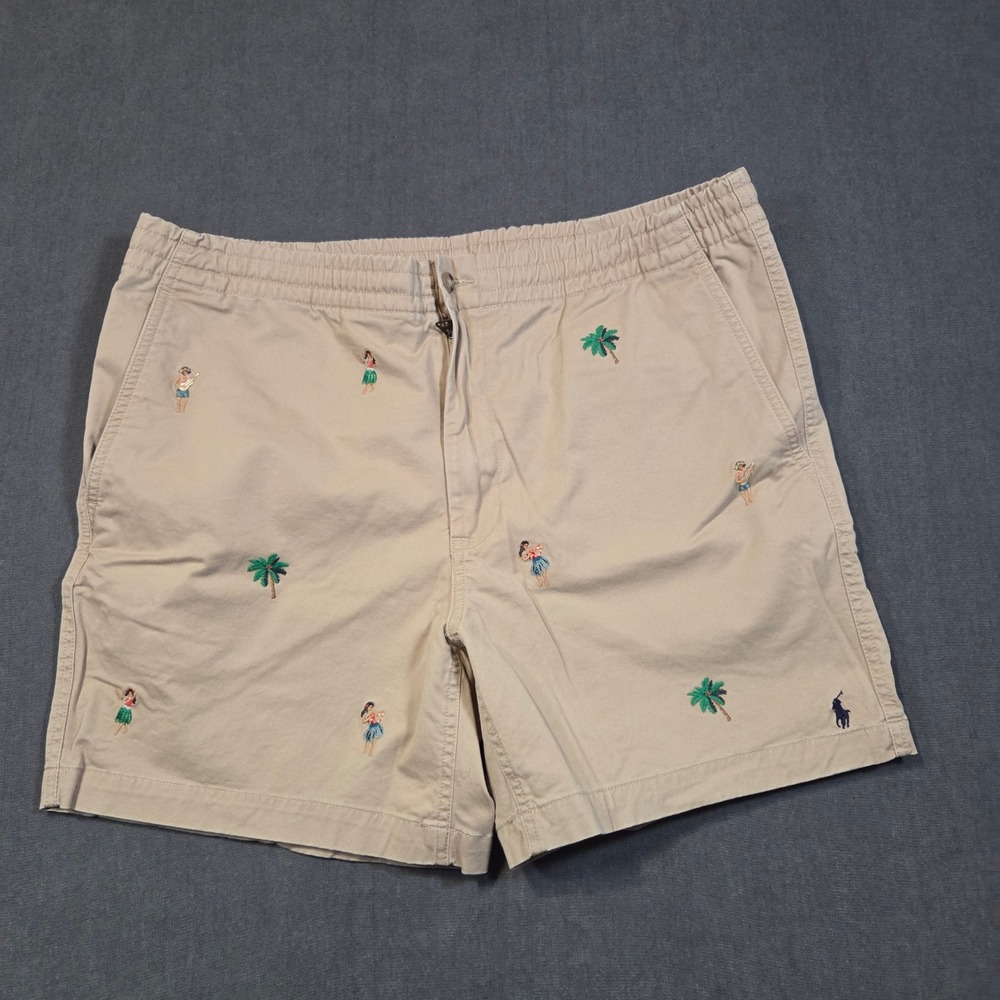 Polo Ralph Lauren Shorts Mens XL Tan Embroidered Hula Palm Tree Stretch Classic